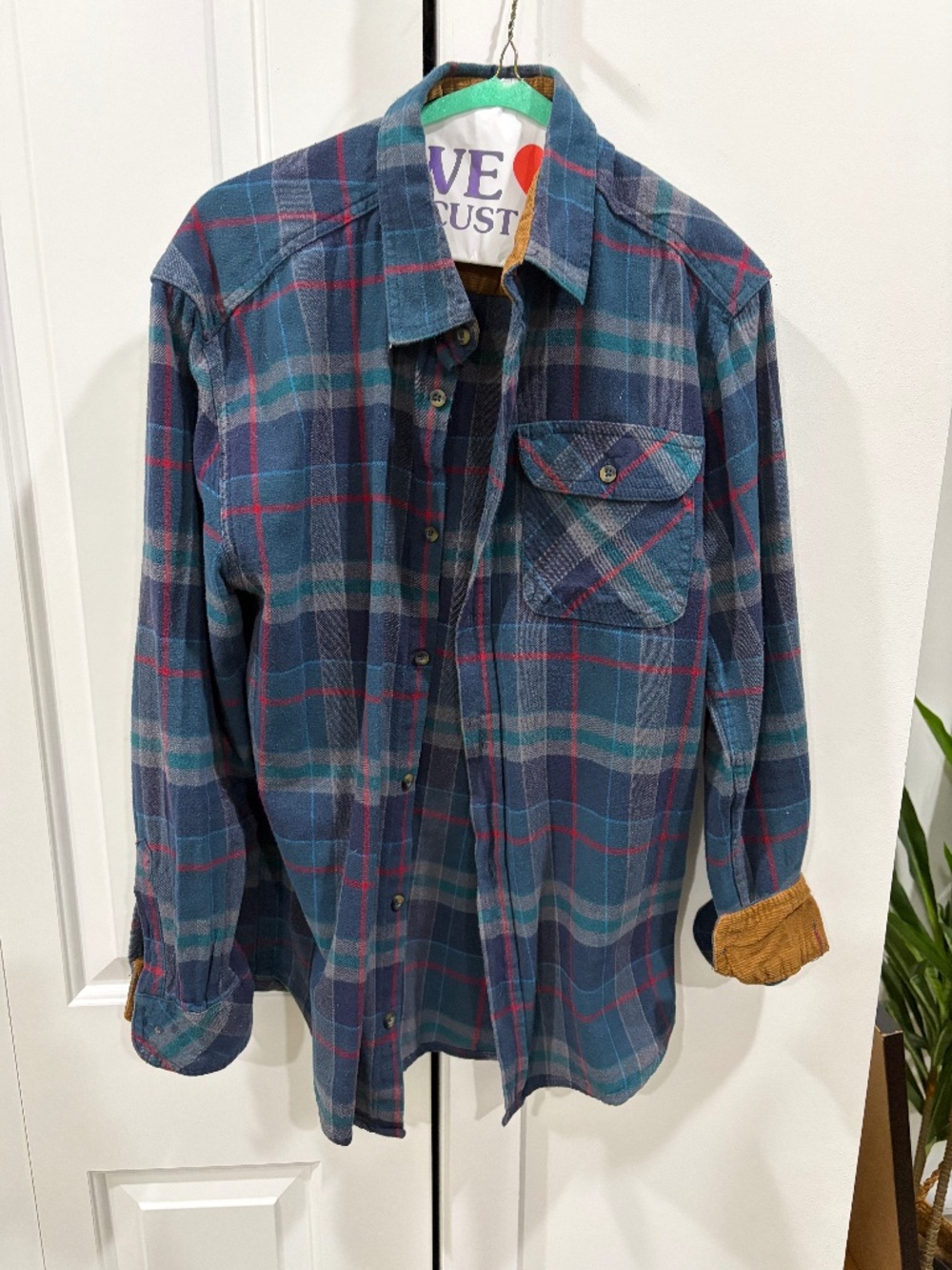 Gioberti Plaid Button Down - Green/Blue with Corduroy Collar/Cuff lining - M